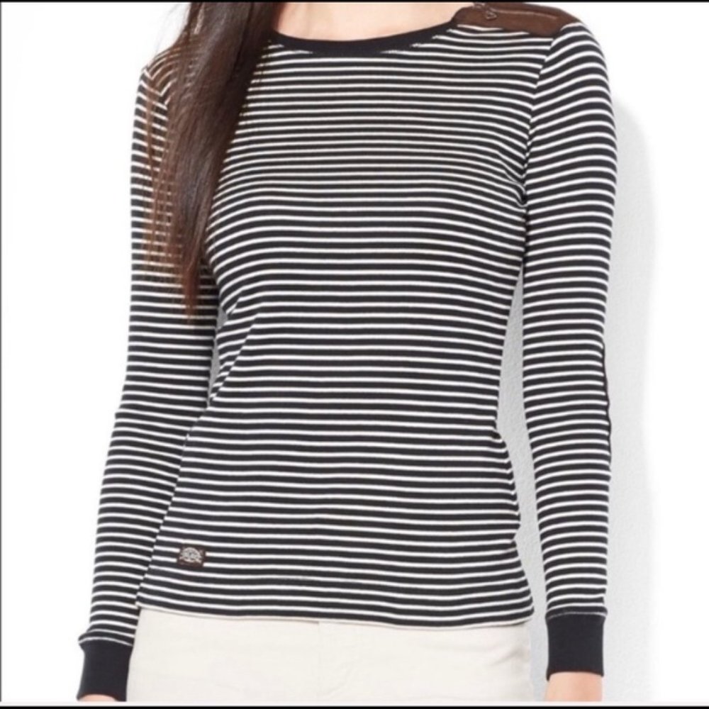 Ralph Lauren Black White Stripe Brown Suede Leather Accents Preppy Casual Shirt